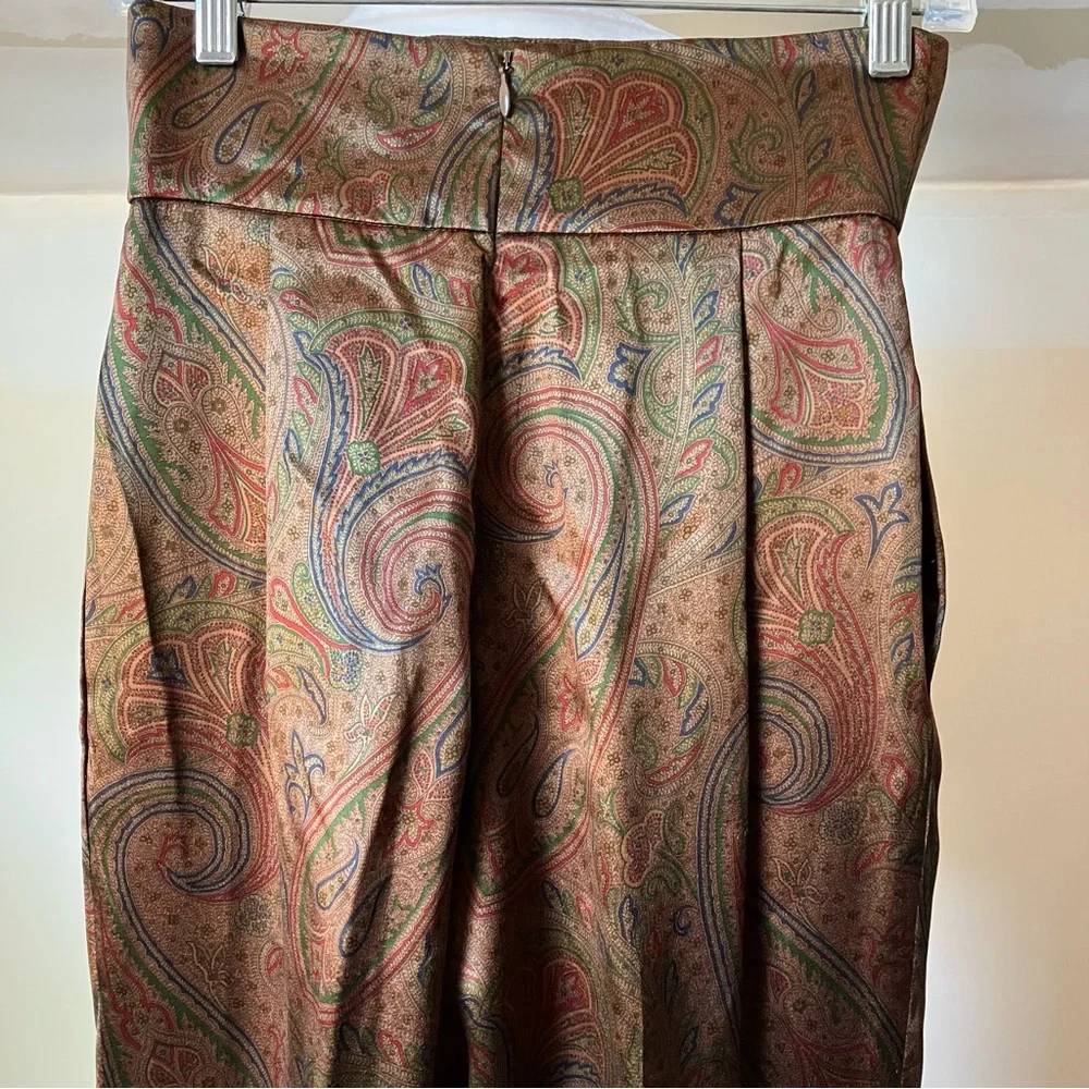Perry Ellis Vintage Brown Paisley High Waisted Ladies Cropped Silk Trousers - Picture 8 of 11